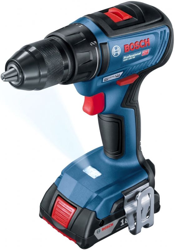 Шуруповерт-дриль Bosch GSR 18 V-50, 18V, 2*2 Ач, 28/50/50 Нм, 460/1800 об/хв, 1кг, кейс, ЗУ, приналежності