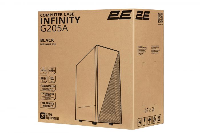 Корпус 2E GAMING INFINITY G205А, без БЖ, 2xUSB 3.0, 1xUSB Type-C, 1x120mm ARGB fan, 2x120mm fans, ARGB strip, TG Side Panel, ATX, Black