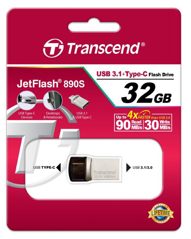 Накопичувач Transcend  32GB USB 3.1+Type-C 890 R90/W30MB/s Metal Silver