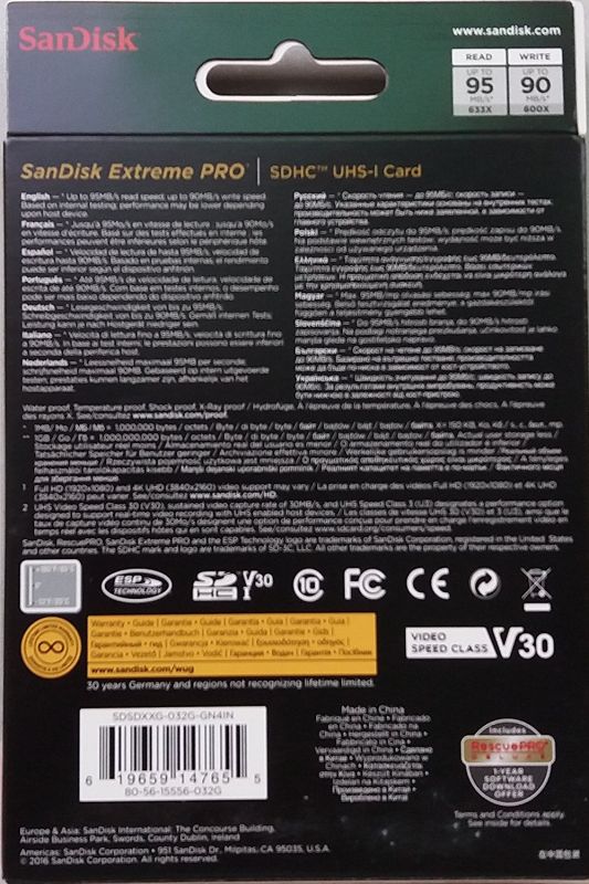 Карта пам'яті SanDisk SD   32GB V30 UHS-I U3 R95/W90MB/s Extreme Pro