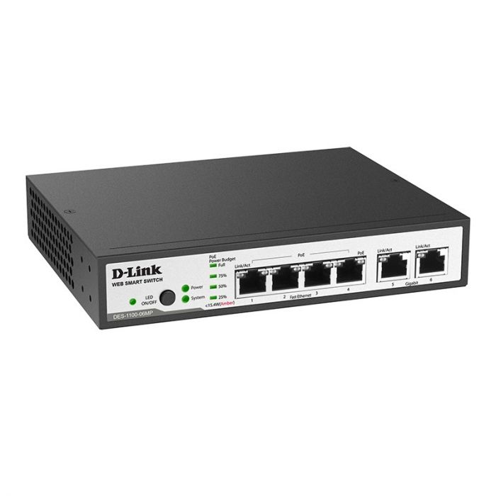 Комутатор D-Link DES-1100-06MP 4xFE PoE, 2x1GE