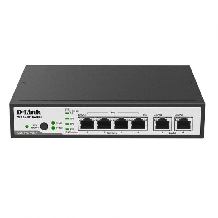 Комутатор D-Link DES-1100-06MP 4xFE PoE, 2x1GE