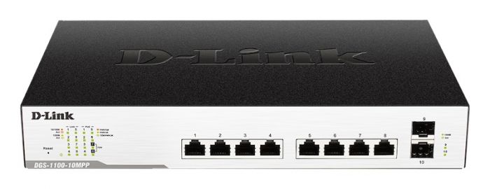 Комутатор D-Link DGS-1100-10MPP 8xGE PoE, 2xSFP, 242Вт, EasySmart