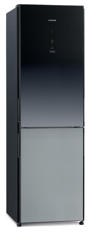 Холодильник Hitachi з нижн. мороз., 190x60х65, холод.відд.-215л, мороз.відд.-115л, 2дв., А++, NF, інв., зона нульова, градац.сір.(скло)