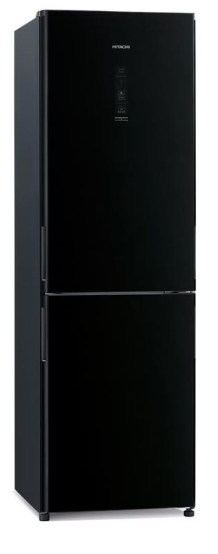 Холодильник Hitachi з нижн. мороз., 190x60х65, холод.відд.-215л, мороз.відд.-115л, 2дв., А++, NF, інв., зона нульова, чорний (скло)