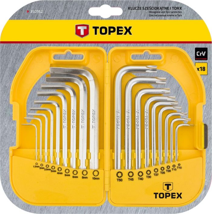Ключі шестигранні та Torx TOPEX, набір 18 од., 1.5-10 мм, T10-T50, короткі