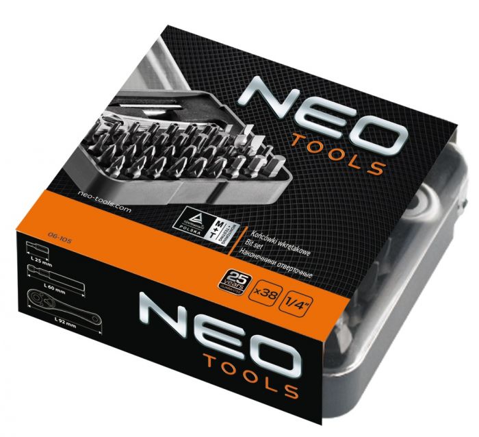 Набір біт Neo Tools, 38 од., 1/4", тріскачка 48 зубців, 36 біт 25мм, сталь S2, кейс