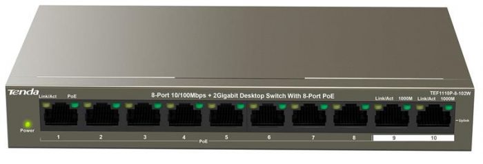 Комутатор TENDA TEF1110P-8-102W 8xFE PoE, 2x1GE Uplink