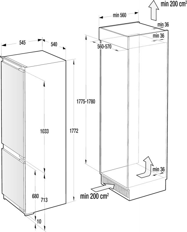 Вбуд. холодильник з мороз. камерою Gorenje NRKI2181A1, 177х55х54см, 2 двері, 180( 68)л, А+, NF+ , Зона св-ті, Внутр. Диспл, Біли