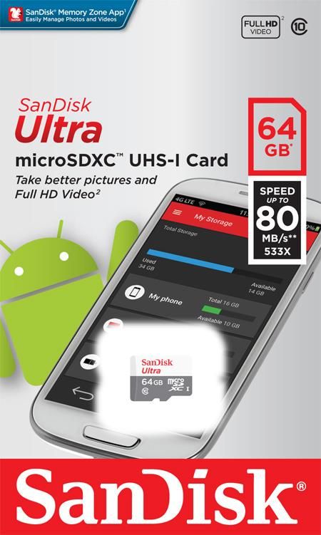 Карта пам'ятi SanDisk microSD   64GB C10 UHS-I R80MB/s Ultra