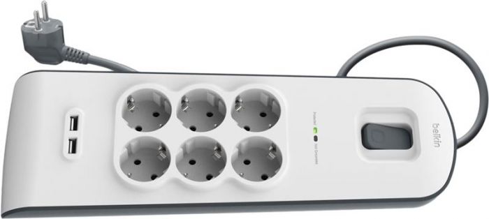 Мережевий фільтр-подовжувач Belkin 6хSchuko, 2xUSB 2.4A, 16А з захистом від перенапруги, 2м