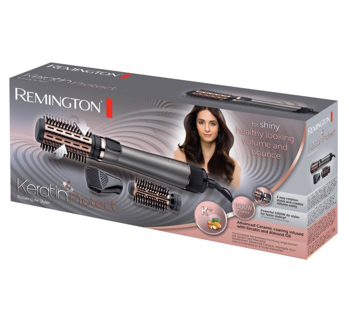 Фен-щітка Remington Keratin Protect, 1000Вт, 3 режими, іоніз-я, оберт., хол. обдув, сріблястий