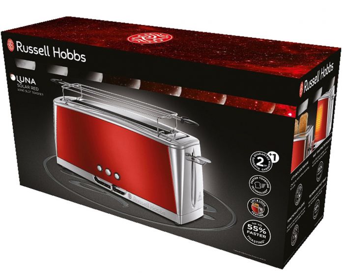 Тостер  Russell Hobbs Luna Solar, 1420Вт, нержав., довгі слоти, підігрів,разморожування, червоний