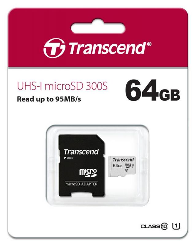 Карта пам'яті Transcend microSD  64GB C10 UHS-I R95/W40MB/s + SD