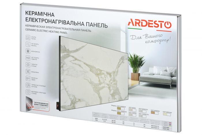 Обігрівач керамічна панель Ardesto HCP-600WTM, 600Вт, 12м2, мех. керування, IP54, білий