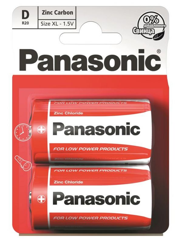Батарейка Panasonic RED ZINK вугільно-цинкова D(R20) блістер, 2 шт.