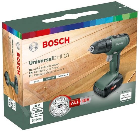 Шуруповерт-дриль Bosch UniversalDrill 18, 18В, 1х1.5аг., 30 Нм, 1.19 кг