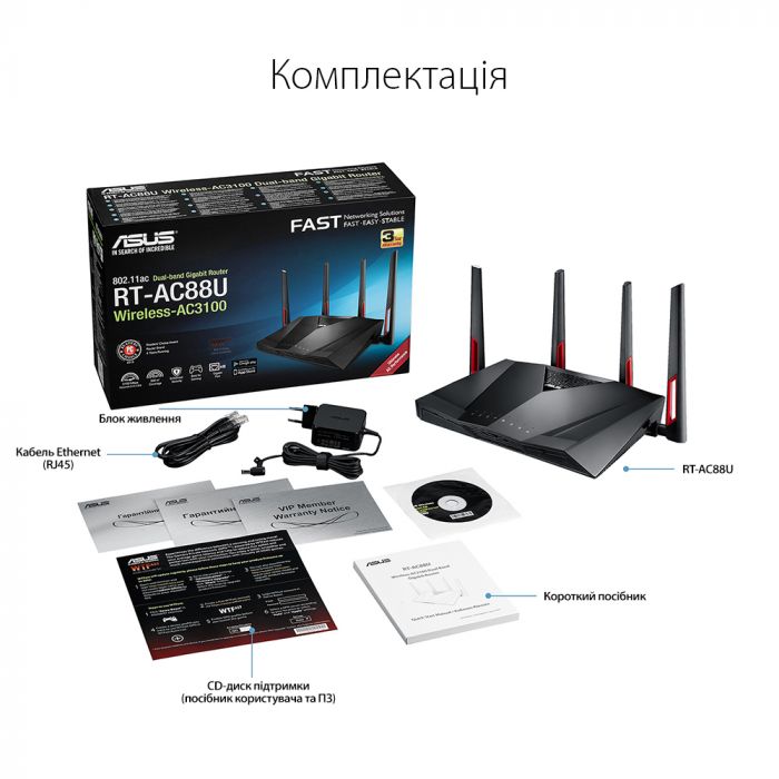 Маршрутизатор ASUS RT-AC88U AC3100 8xGE LAN 1xGE WAN 1xUSB3.0 1xUSB2.0 MU-MIMO MESH