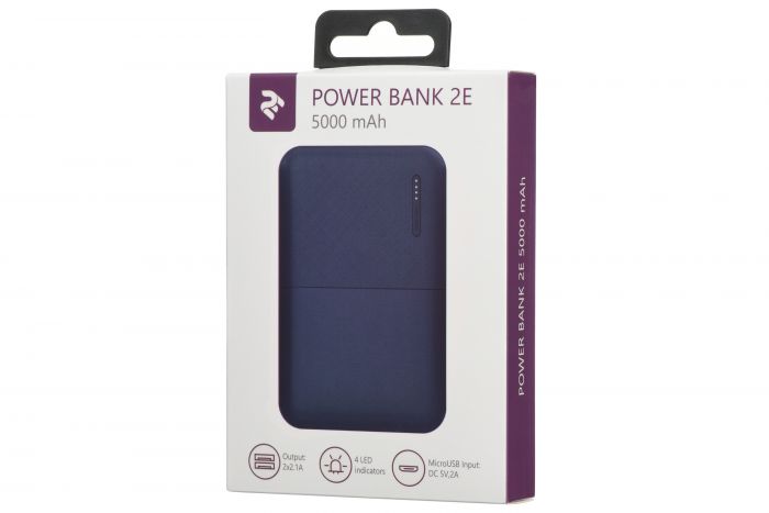 Портативний зарядний пристрій Power Bank 2E 5000mAh, DC 5V, 2.1A, 4 LED indicator, blue