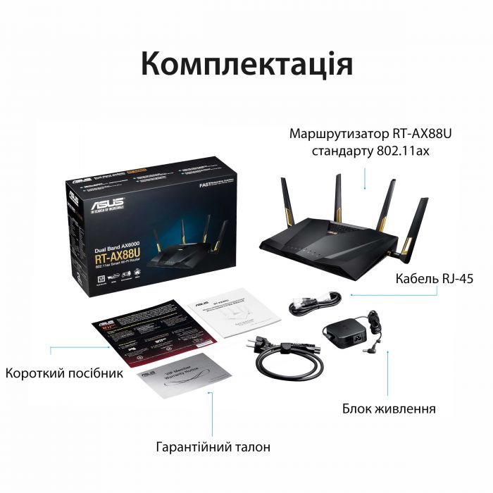 Маршрутизатор ASUS RT-AX88U AX6000 8xGE LAN 1xGE WAN 2xUSB3.1 MU-MIMO OFDMA MESH