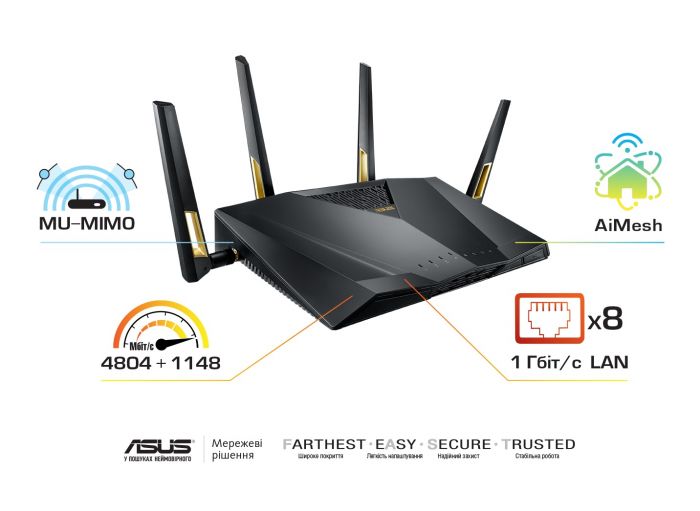 Маршрутизатор ASUS RT-AX88U AX6000 8xGE LAN 1xGE WAN 2xUSB3.1 MU-MIMO OFDMA MESH