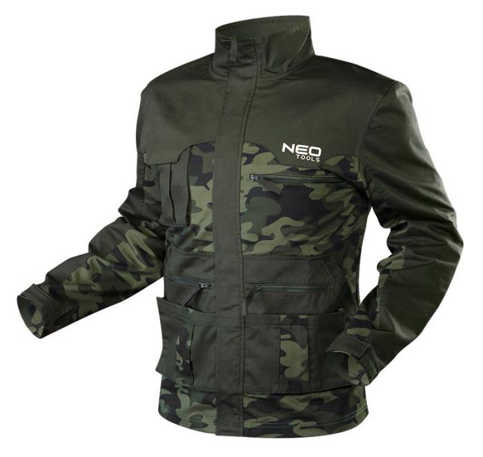 Куртка робоча NEO CAMO, розмір L (52), 255 г/м2, високий комір, регулювання манжет, комбіновані багатофункціональні кишені на блискавці та липучках, камуфляжна