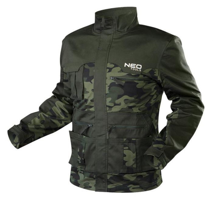 Куртка робоча NEO CAMO, розмір XL (54), 255 г/м2, високий комір, регулювання манжет, комбіновані багатофункціональні кишені на блискавці та липучках, камуфляжна