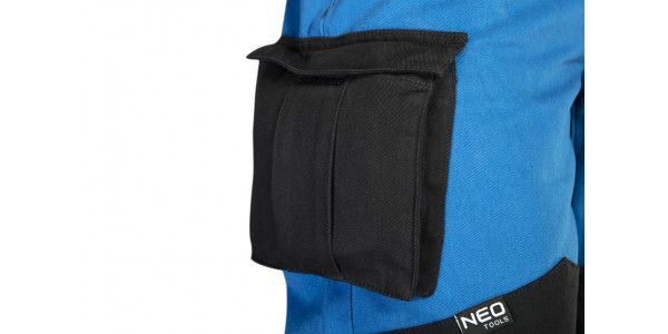 Штани робочі NEO HD+, розмір XXL (56), 275 г/м2, 100% бавовна, профільовані коліна з відсіком для наколінників, потрійні внутрішні шви, еластична конструкція пояса, міцні кишені, чорно-сині