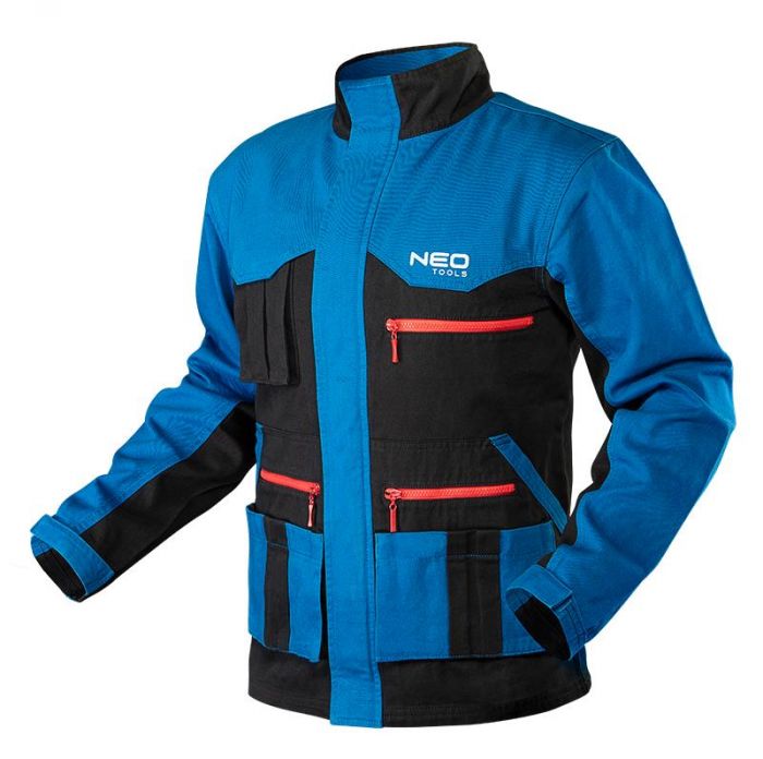 Куртка робоча NEO HD+, розмір S (48), 275 г/м2, 100% бавовна, високий комір, регулювання манжет, комбіновані багатофункціональні кишені на блискавці та липучках, чорно-синя