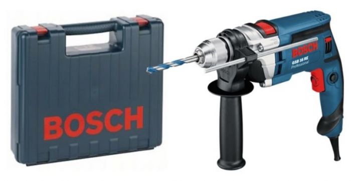 Дриль ударний Bosch GSB16RE, кейс, набір свердел