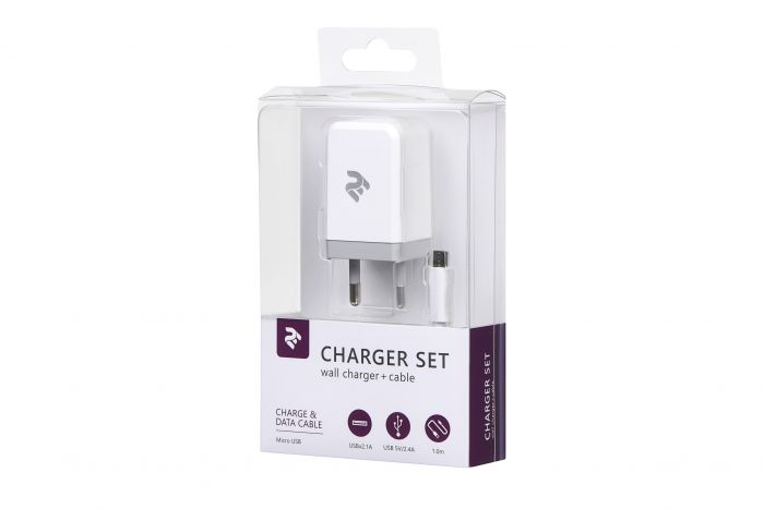 Набір Мережевий ЗП 2E USB Wall Charger USB:DC5V/2.1A +кабель MicroUSB 2.4A, white