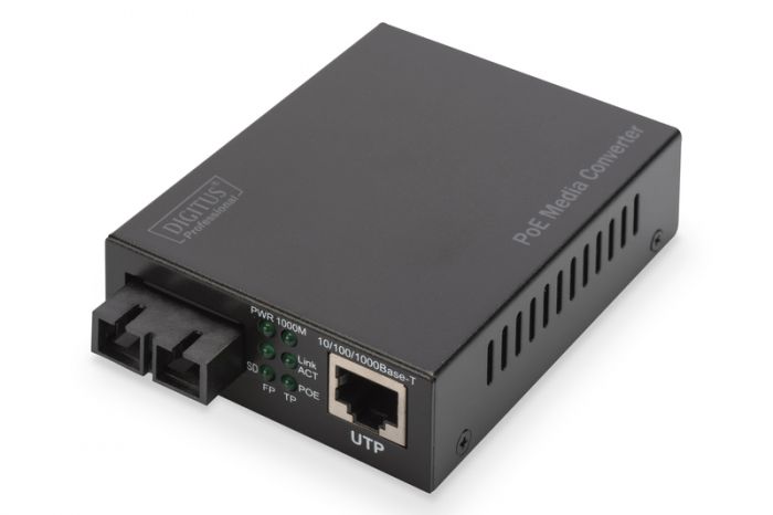 Медіаконвертер DIGITUS PoE, SM 10/100/1000Base-T to 1000Base-LX, Incl. PSU 30W, SC, Up to 20km