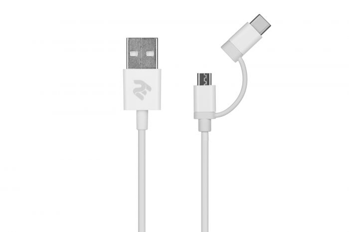 Кабель 2E USB to Micro + Type C, 5V/2.4A, 1m, white