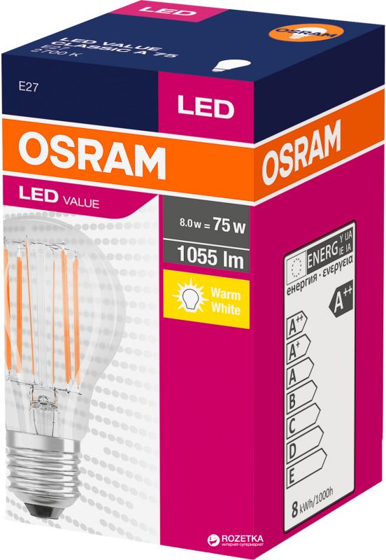 Лампа світлодіодна OSRAM LED A60 7.5W (1055Lm) 2700K E27 філамент