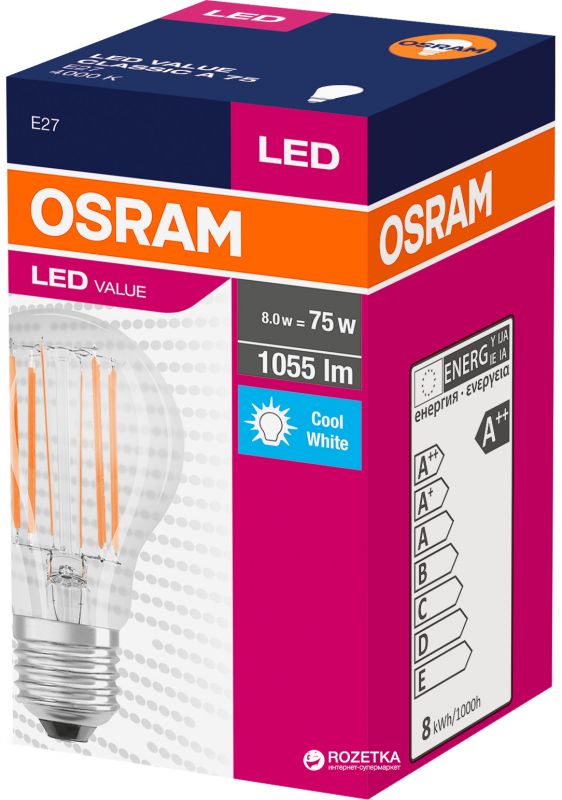 Лампа світлодіодна OSRAM LED A60 7.5W (1055Lm) 4000K E27 філамент