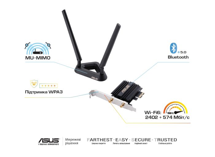 WiFi-адаптер ASUS PCE-AX58BT AX3000 Bluetooth 5.0 PCI Express WPA3 MU-MIMO OFDMA