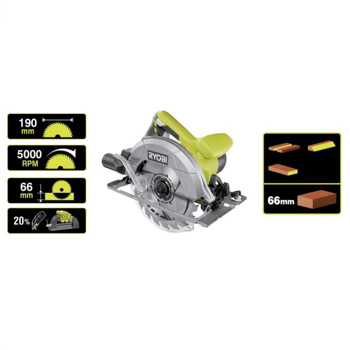 Ryobi Пила дискова RCS1400-G 1400Вт 190мм, 66мм, 5000 об/хв