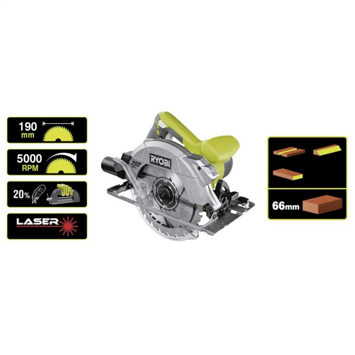 Ryobi Пила дискова RCS1600-K 1600Вт 190мм, 66мм 5000 об/хв