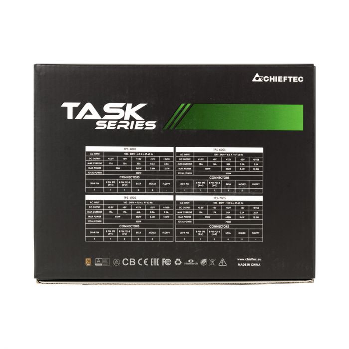 Блок живлення CHIEFTEC Task (600W), ATX v2.3, 110-240V, >85%, 80+ Bronze, 120мм, 1xMB 24pin(20+4), 1xCPU 8pin(4+4), 3xMolex, 5xSATA, 2xPCIe 8pin(6+2), CE, CB, TUV, FCC, RoHS, Retail