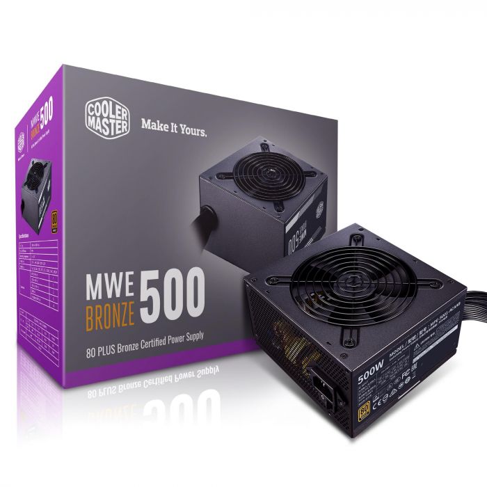 Блок живлення Cooler Master MWE Bronze V2 (500W), ATX v2.52, 100-240V, 85%, 80+ Bronze, 120мм, 1xMB 24pin(20+4), 1xCPU 8pin(4+4), 4xMolex, 6xSATA, 2xPCIe 8pin(6+2), CE, CB, TUV, FCC, RoHS, Retail