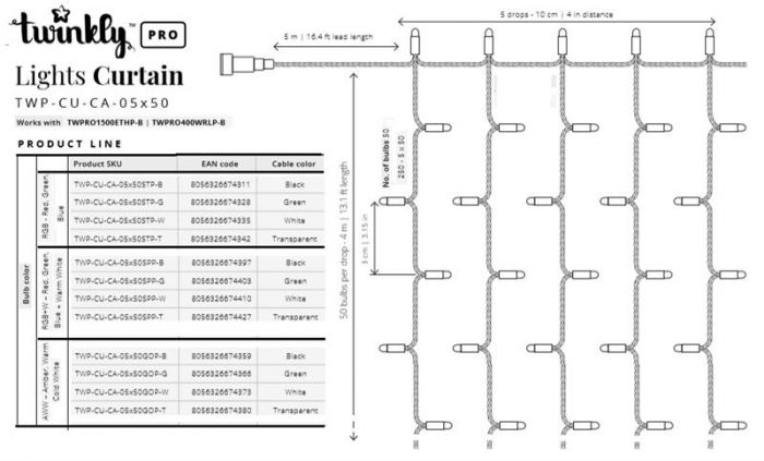 Smart LED Гірлянда Twinkly Pro Curtain RGBW 250, AWG22, IP65, білий