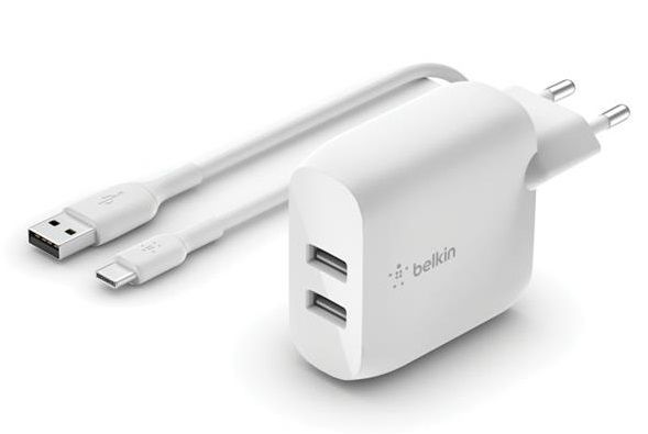 Мережевий ЗП Belkin Home Charger (24W) DUAL USB 2.4A, MicroUSB 1m, white