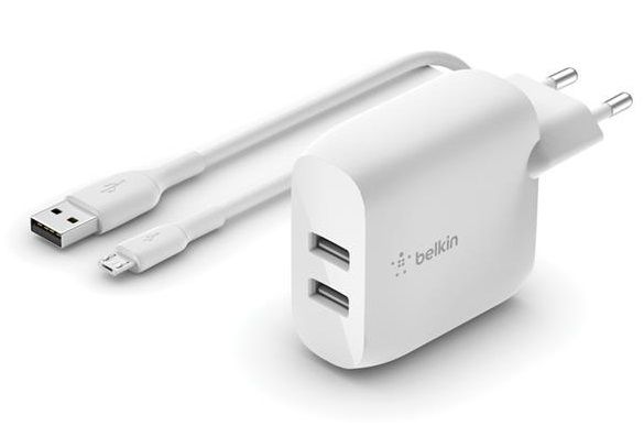 Мережевий ЗП Belkin Home Charger (24W) DUAL USB 2.4A, MicroUSB 1m, white