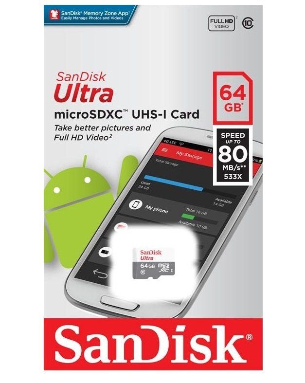 Карта пам'яті SanDisk microSD  64GB C10 UHS-I R100MB/s Ultra