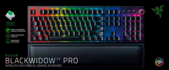 Клавіатура ігрова Razer BlackWidow V3 Pro Green Switch WL/BT/USB RU RGB, Black