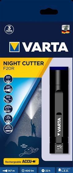 Ліхтар VARTA Ручний Night Cutter F20R,  IPX4, до 400 люмен, до 147 метрів,  передзаряджаємий ліхтар, Micro-USB