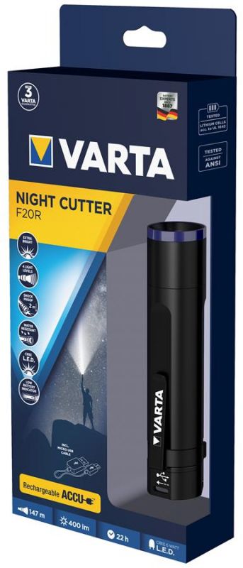 Ліхтар VARTA Ручний Night Cutter F20R,  IPX4, до 400 люмен, до 147 метрів,  передзаряджаємий ліхтар, Micro-USB