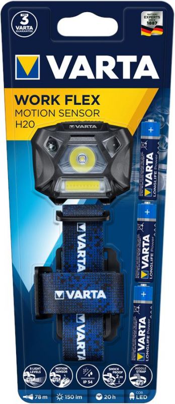 Ліхтар VARTA Налобний інспекційний Work-Flex-Motion-Sensor H20, 3 Ватт,  IP54, до 150 люмен, до 78 метрів, 8 режимів,   3хААА