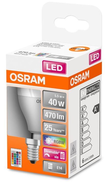 Лампа світлодіодна OSRAM LED STAR Е14 5.5-40W 2700K+RGB 220V Р45 пульт ДУ