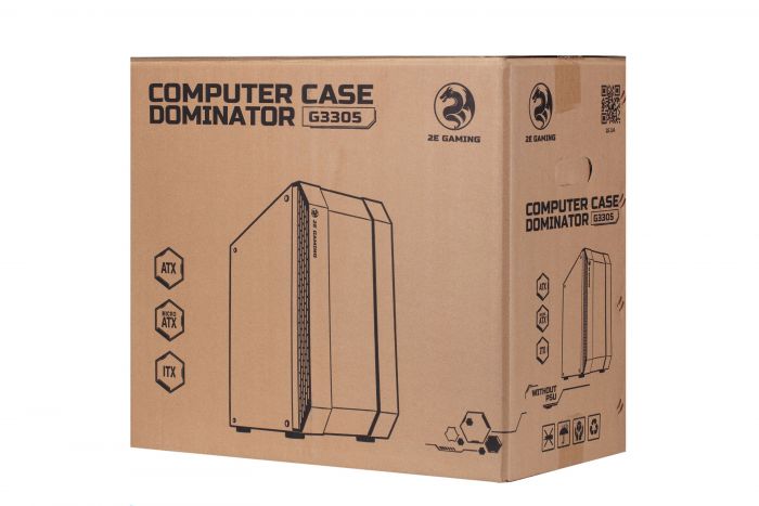 Корпус 2E GAMING DOMINATOR (G3305) MidT, 2xUSB2.0, 1xUSB3.0, 3x120мм ARGB, скло (бічна панель),без БЖ,чорний